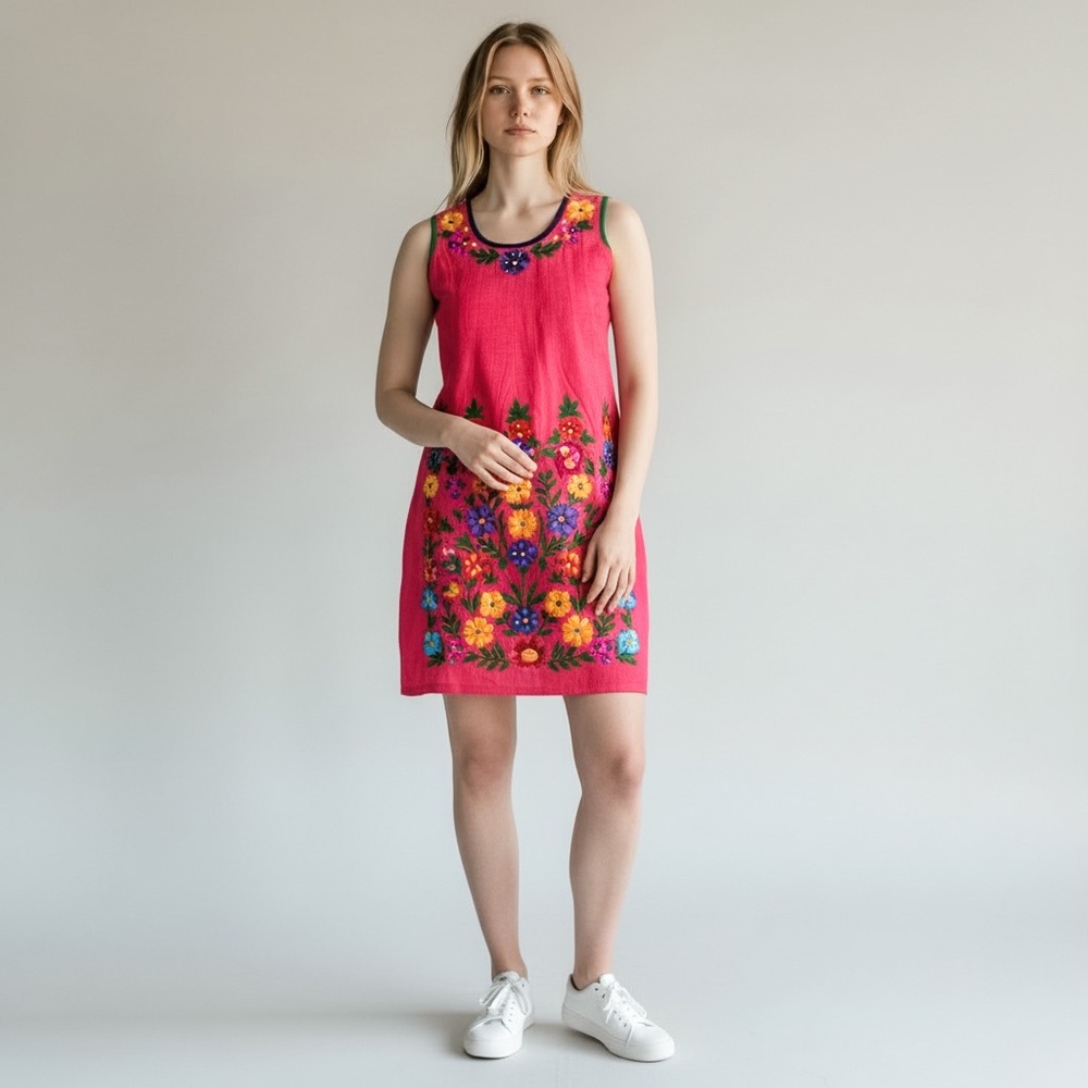 Vintage Handmade Colorful Embroidered Sleeveless Dress